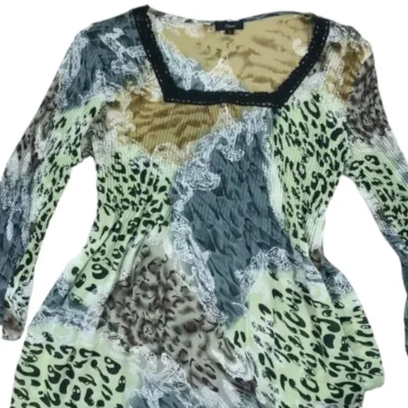 90s Y2K Bell Sleeve Animal Print Blouse Multicolor  S - Picture 4 of 9